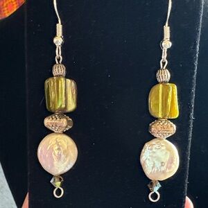 Hand Crafted Green Pearl and Silver Earrings